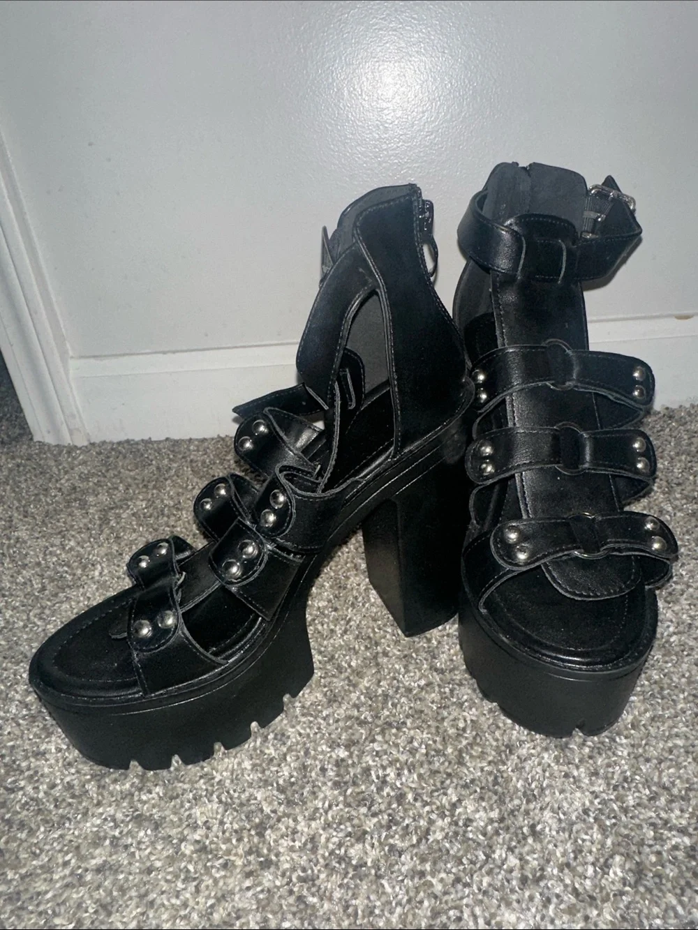 Studded Black Platform Strappy Heels